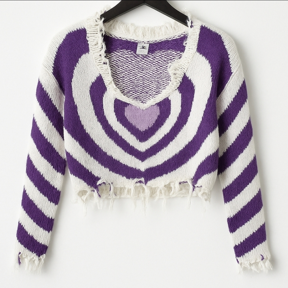 Rue 21 White Purple Heart Knit Cropped Sweater Sz Sm